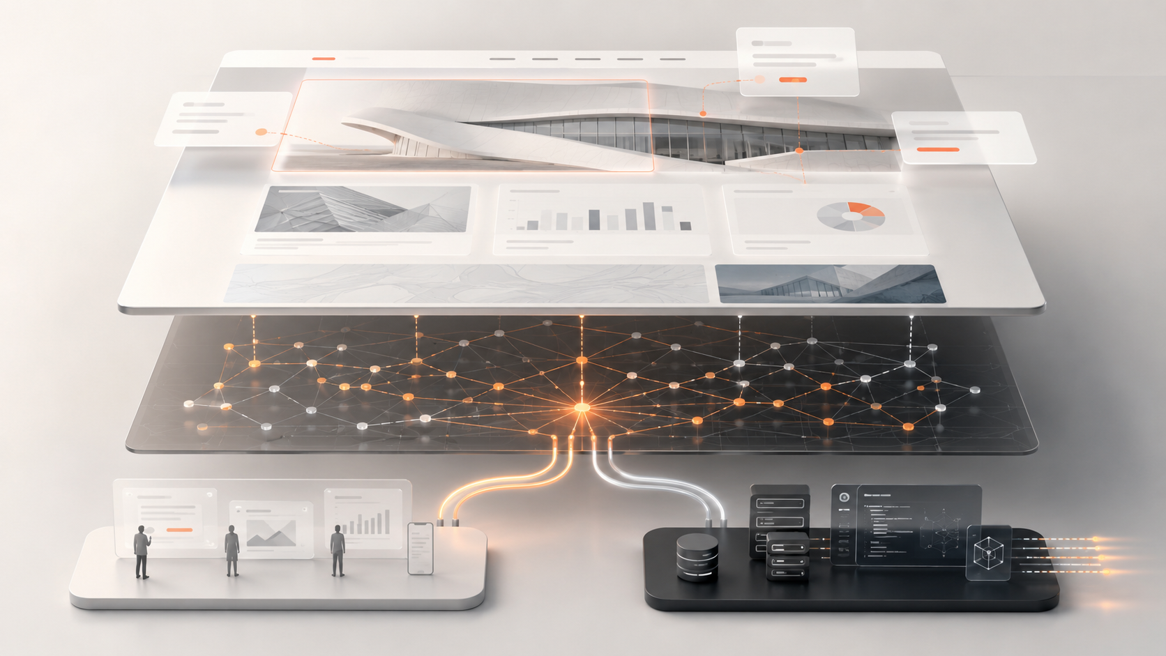 Layered editorial composition: website surface, intelligence graph, and connected systems